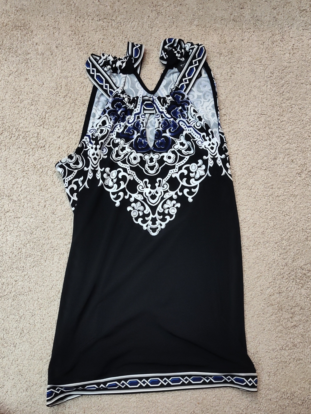 White House Black Market Black Dress with White and Navy Ornate Trim